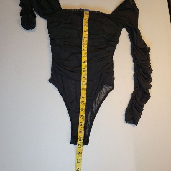 Thats so Fetch Long Sleeve Bodysuit Black Ruched Mesh Women's 4 - Picture 14 of 15
